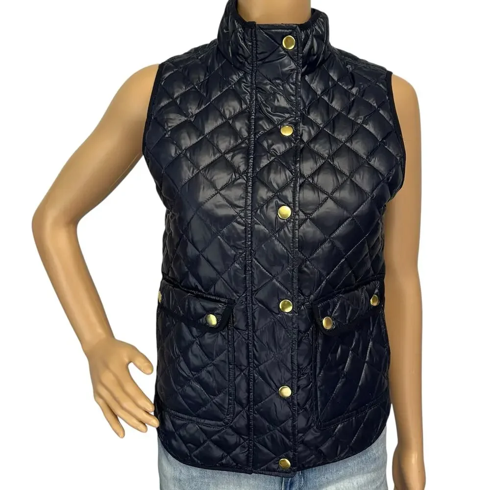 J. Crew Shiny Quilted Field Puffer Down Vest Navy Blue E1014 Petite Size PXS
